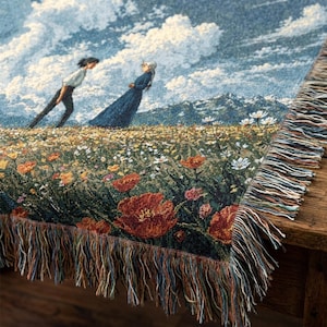 Howl's Umzugsschloss Gewebte Decke: Sophie und Howl Wiesenszene Wandteppich, Studio Ghibli Inspirierter Baumwollwurf, Anime Landschaft Raumdekor Bild 7
