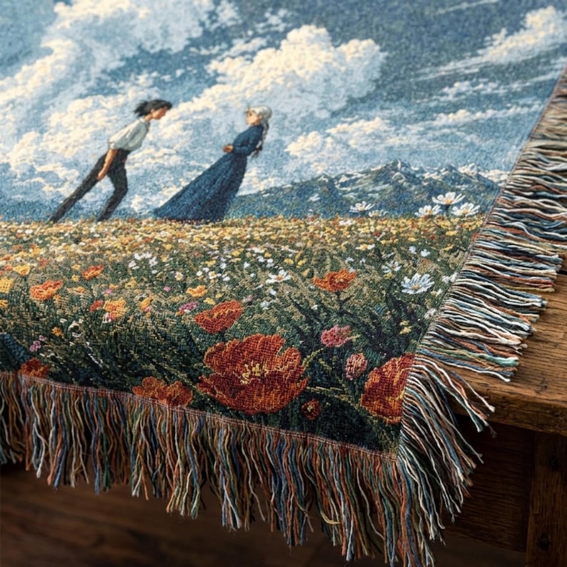 Howl's Umzugsschloss Gewebte Decke: Sophie und Howl Wiesenszene Wandteppich, Studio Ghibli Inspirierter Baumwollwurf, Anime Landschaft Raumdekor Bild 7
