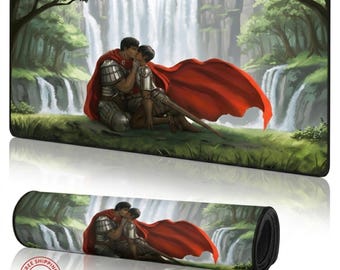 Berserk Desk Mat, Guts and Casca Waterfall Kiss Mouse Pad, Romantic Anime Aesthetic XL Gaming Surface, Dark Fantasy Manga Office Decor Gift