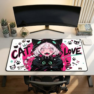 May include: A rectangular white mousepad featuring a colorful anime-style illustration. The design includes a character in a cat-eared hoodie, the words "CAT LOVE", and various cat-themed icons. The mousepad is on a white desk.