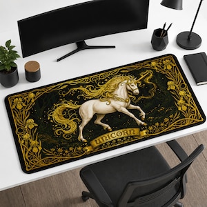 Alfombrilla de escritorio de unicornio de fantasía, alfombrilla de ratón Art Nouveau, alfombrilla de escritorio para juegos de unicornio celestial dorado, decoración de escritorio Cottagecore