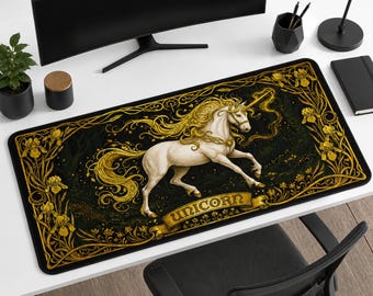 Fantasy Unicorn Desk Mat, Art Nouveau Mouse Pad, Gold Celestial Unicorn Gaming Desk Mat, Cottagecore Desk Decor