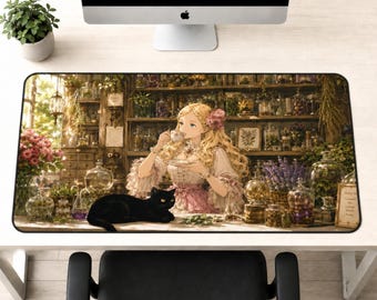 Herbal Tea Shop Desk Mat, Anime Cottagecore Mouse Pad, Victorian Botanical Girl, Black Cat Desk Pad, Cozy Gamer Decor