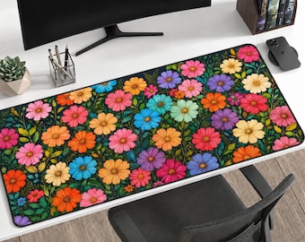 Colorful Wildflower Desk Mat, Vibrant Floral Mouse Pad, Large Cute Desk Pad, Cottagecore Botanical Office Decor, Aesthetic Desk Accessory