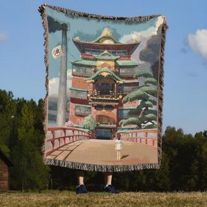 Spirited Away Bathhouse Woven Blanket - Studio Ghibli Anime Throw - Chihiro Inspired Cotton Tapestry Wall Art Gift image 2