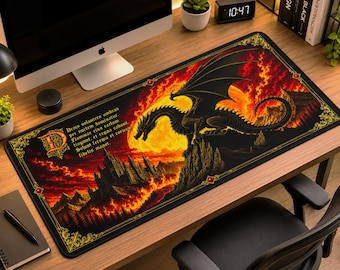 Gothic Dragon Desk Mat, Dark Academia Mouse Pad, Fantasy Castle Desk Pad Large, Gaming Mousepad, Witchy Room Decor, Aesthetic Desk Mat, Gift