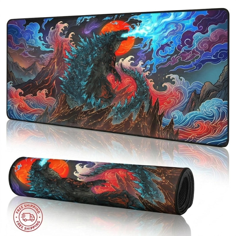 Godzilla Desk Mat,Anime Mouse Pad, Japanese Wave Art, Gaming Desk Pad, Kaiju Keyboard Mat, Otaku Gamer Gift image 2