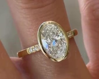 2 CT Oval Cut Moissanite Engagement Ring, 14K Solid Gold Bezel Set Wedding Ring, Pave Accent Band Promise Ring, Bridal Ring Gift for Women