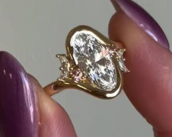 Anillo de compromiso de moissanita talla Moval de 2 quilates, anillo de boda de oro macizo de 14 quilates con engaste biselado, anillo de novia vintage con detalles de media luna creciente. Regalo ideal.