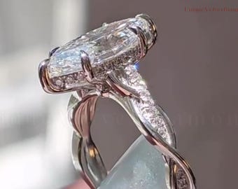 Anello di fidanzamento con moissanite taglio marquise da 3 carati, fede nuziale in oro massiccio 14 carati con pavé intrecciato e alone nascosto, anello di promessa infinito, regalo per lei.