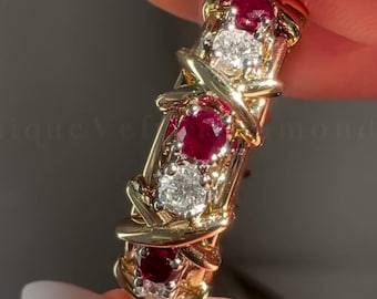 Rund rubin moissanit alliance vigselring, 14k massivt guld Criss Cross X förlovningsring, alternerande ädelsten statement jubileumsring