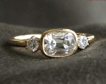 2 CT East West Elongated Cushion Cut Moissanite Engagement Ring 14K Solid Gold Milgrain Bezel Set Wedding Ring Three Stone Promise Ring Gift