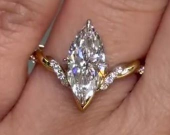 2 CT Marquise Cut Lab Grown Diamond Engagement Ring, 14K Solid Gold Twisted Pave Band Wedding Ring, Two Tone Promise Ring,  Anniversary Gift
