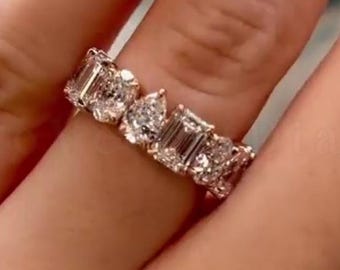 Multi Form Labradorit Diamant Ehering, 14k Massivgold Wechsel Ewigkeit Verlobungsring, Smaragd Birne Oval Geteilter Prong Versprechensring