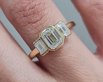2 CT Moissanit Drei Stein Verlobungsring 14K Solid Gold Lünette Set Trilogie Hochzeit Ring Art Deco Versprechen Ring Jubiläumsgeschenk