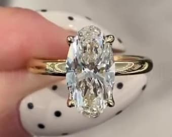 4 CT Moval Cut Lab gewachsen Diamant Verlobungsring 14K Solid Gold Solitär Ehering Tulip Korb Set Plain Band Versprechen Ring Geschenk für Sie