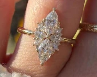 Anello di fidanzamento con diamante sintetico taglio marquise da 3 carati totali, fede nuziale a grappolo con effetto navette in oro massiccio 14 carati, anello di promessa in stile vintage, regalo perfetto.
