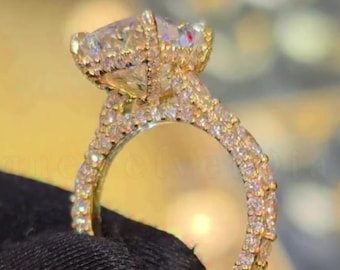 4ct längliche Kissenschliff Moissanite Verlobungsring, 14K Solid Gold Hidden Halo Marquise Pave Band Ehering, Kathedrale Set Versprechensring