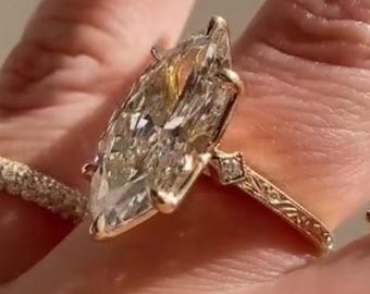 Anillo de compromiso vintage de 4 quilates con diamante cultivado en laboratorio, talla marquesa, oro de 14 quilates, banda milgrain grabada a mano, anillo de boda, engaste tulipán de 6 puntas, anillo de promesa.