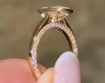 3CT Elongated Cushion Cut Lab Grown Diamond Engagement Ring 14K Solid Gold Side Pave Band Wedding Ring Bezel Set Solitaire Promise Ring Gift