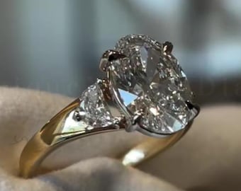 3 KT Ovalschliff Lab gewachsen Diamant drei Stein Verlobungsring, 14k Solid Gold Trilogy Ehering, Halbmond Seite Stein Versprechen Ring Geschenk Sie