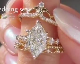 Set da sposa con diamanti sintetici taglio marquise olandese da 3 carati, fede nuziale con tiara e pizzo in oro massiccio 14 carati, set di tre anelli vintage, set di anelli impilabili