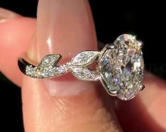Floral 3 CT Oval Cut Lab gewachsen Diamant Verlobungsring 14K Solid Gold Pave Blatt Rebe Band Ehering Natur Inspiriert Botanische Brautring
