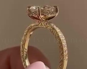 Vintage 3CT Oval Cut Lab Grown Diamond Engagement Ring 14k Solid Gold Hand Engraved Milgrain Pave Band Wedding Ring Hidden Halo Promise Ring