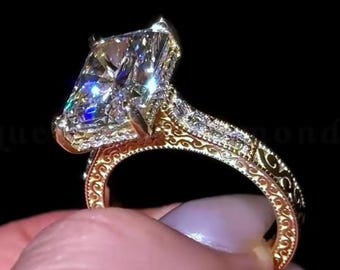 4 CT strahlende Labor gewachsene Diamant Verlobungsring 14K Massivgold Vintage Hand gravierte Milgrain Pave Band Ehering versteckter Halo Versprechensring