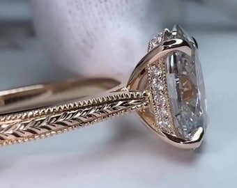 4 CT Oval Cut Lab Grown Diamant Verlobungsring, 14K Solid Gold Vintage Hand graviert Milgrain Band Ehering, versteckter Halo Versprechen Ring