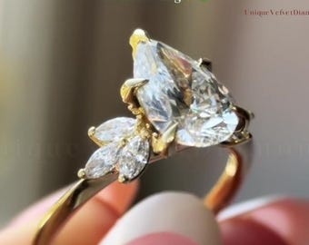 3 CT peergeslepen lab-gegroeide diamanten verlovingsring, 14k gouden marquise bladcluster trouwring, effenen rieken beloftering, op de natuur geïnspireerde ring