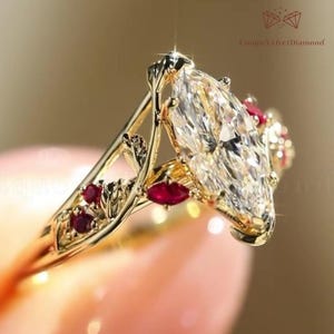Floral 2CT Marquise Moissaniet verlovingsring, 14K massief gouden, op de natuur geïnspireerde trouwring, robijn accent wijnstok blad belofte ring cadeau voor haar