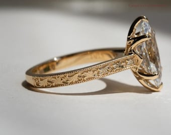 Vintage 3CT Marquise Cut Moissanit Verlobungsring, 14K Massivgold Hand graviert Milgrain Band Ehering, Tulip Setting Jubiläumsring