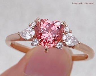 3CT Pink Heart Cut Lab Grown Diamond Engagement Ring, 14K Solid Gold Round Marquise Cluster Wedding Ring, Romantic Promise Ring Gift for Her