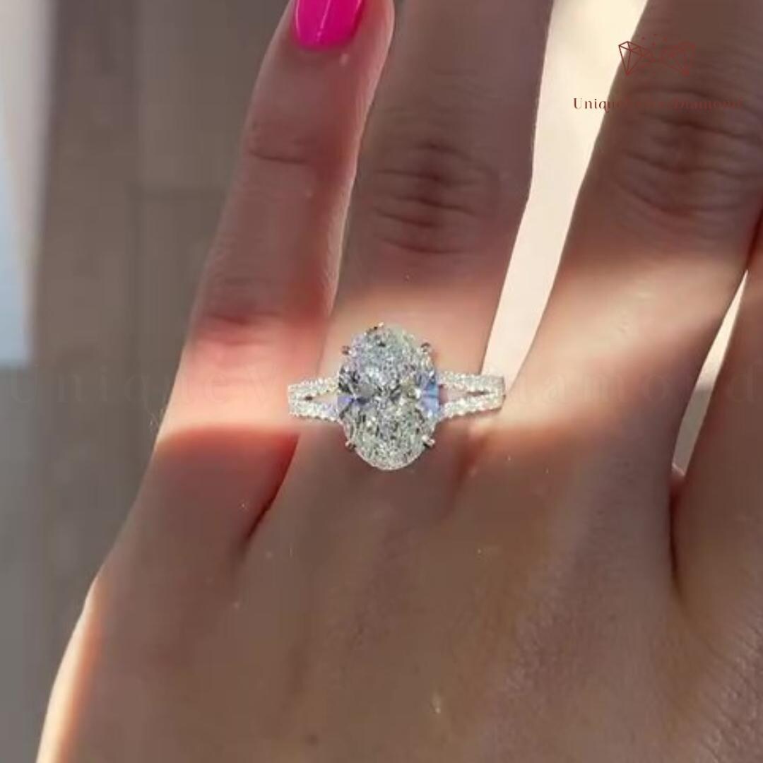 3CT Oval Cut Moissanite Engagement Ring, 14K Solid Gold Split Shank ...