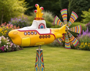 Kołek ogrodowy z motywem żółtej łodzi podwodnej The Beatles | Metalowy kinetyczny wiatraczek | Ozdoba zewnętrzna w stylu retro z lat 60.
