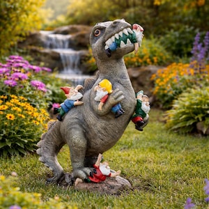 May include: A quirky garden ornament featuring a grey dinosaur statue 'eating' several garden gnomes. The gnomes wear colourful outfits. The scene is set in a garden with flowers and a small waterfall in the background.