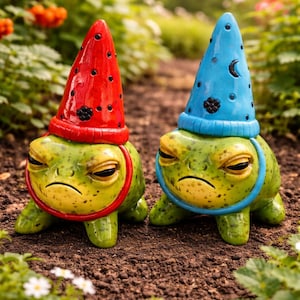 Op de afbeelding: Twee keramische kikkerbeeldjes met een norse uitdrukking. De ene kikker draagt een rode puntmuts met zwarte stippen, de andere een blauwe puntmuts met zwarte stippen en een maansymbool. Beide kikkers hebben een groene huid met spikkels.