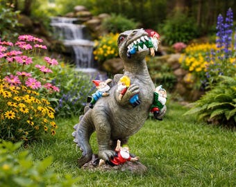 T-Rex Gnome Battle Statue, Forward or Backward Look , Resin Outdoor Garden Decor Funny Dinosaur 2 Pose Options