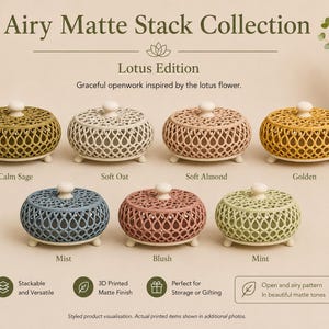 May include: Seven round, stackable storage containers from the Airy Matte Stack Collection, Lotus Edition. Each features a matte finish, a lid with a knob, and an openwork pattern. Colors include sage, oat, almond, golden, mist, blush, and mint.