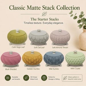 May include: Seven round lidded containers with matte finishes and textured patterns, labelled as Classic Matte Stack Collection. Colours include sage, oat, almond, blush, golden, mist, and mint. Each container features a small knob and three feet.