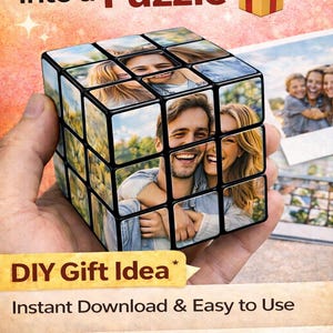 Puede incluir: Un cubo de rompecabezas fotográfico personalizado con caras sonrientes, sostenido en una mano. El cubo muestra imágenes de personas sonrientes. El texto en la imagen dice "Turn Your Photos Into a Puzzle" y "DIY Gift Idea".