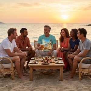 Peut inclure: Six personnes sont assises autour d'une table en bois sur une plage au coucher du soleil. La table est garnie de nourriture et de boissons. Une personne porte un t-shirt turquoise avec un motif de bière. La scène évoque une réunion sociale détendue.