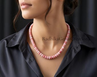 Genuine Pink Opal Beaded Necklace, 8mm Candy Opal Smooth Rondelle Beads, Sterling Silver Jewelry