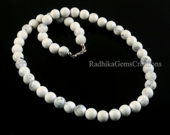 100% Natural White Howlite Beaded Necklace, 8mm Smooth Round Beads, Marble Stone Jewelry Gift