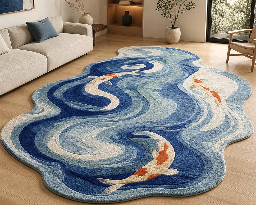 Tufted Rug Koi Fish Pond Blue Abstract Wave Irregular Shape Area Rug ...