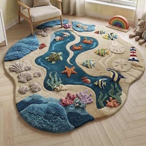 Puede incluir: Una alfombra de forma irregular con un tema oceánico texturizado que presenta canales de agua azul profundo, orillas de color beige arena y aplicaciones tridimensionales en relieve de criaturas marinas como cangrejos, una tortuga, estrellas de mar, peces y conchas.