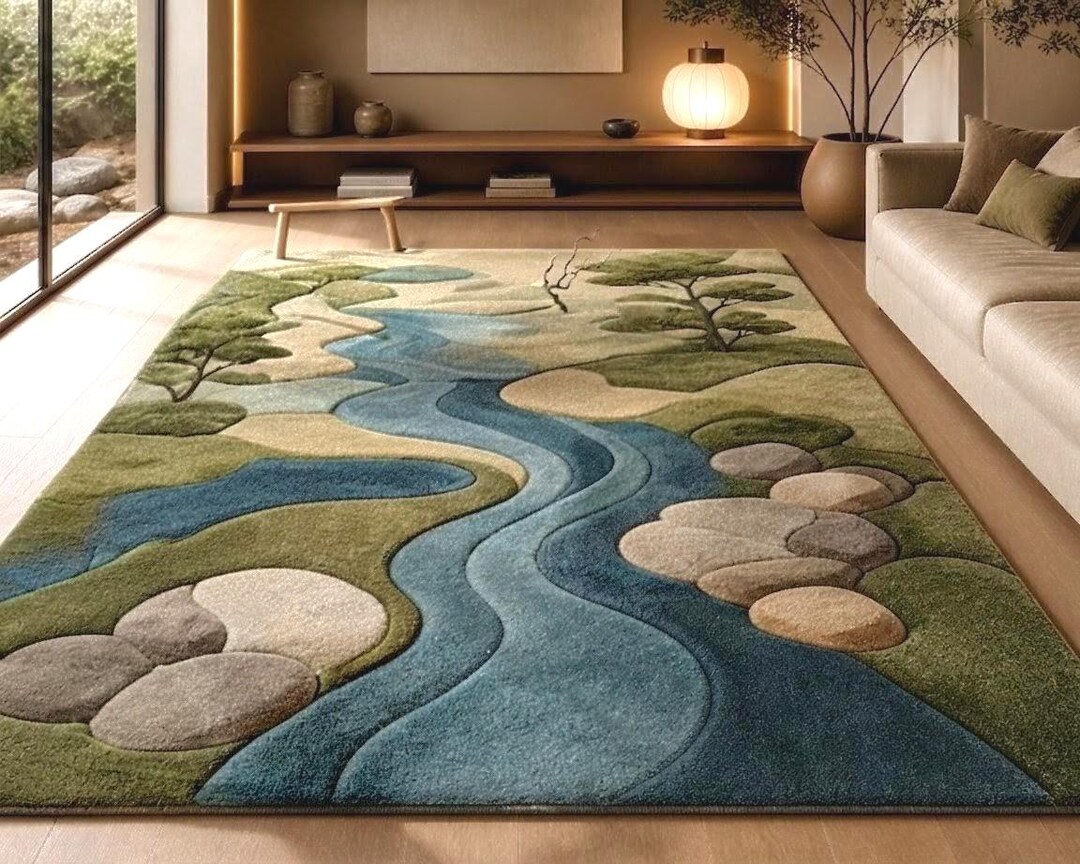 River Rug Custom Hand Tufted River Rug Moss Green Blue Zen Garden Abstract Area Rug ...