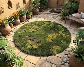 3D-mosvloerkleed rond handgetuft groene wol, op de natuur geïnspireerde vloerkleed