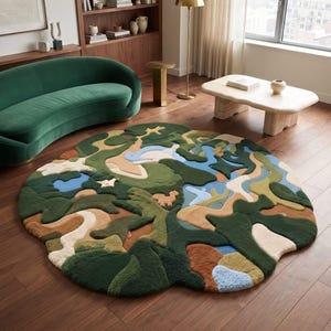 May include: A large, round, tufted area rug featuring an abstract, organic landscape design. The rug displays a multi-layered pattern of interlocking shapes in shades of forest green, olive, tan, brown, cream, and light blue, with a textured surface.